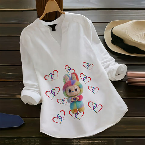 Sweet & Colorful – Rainbow Heart Labubu Rayon Top for Women