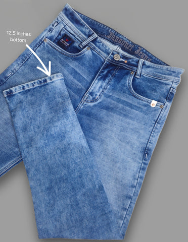 Light Blue Cotton Stretch Super Slim Fit Tapered Length Mid Rise Jeans For Men’s