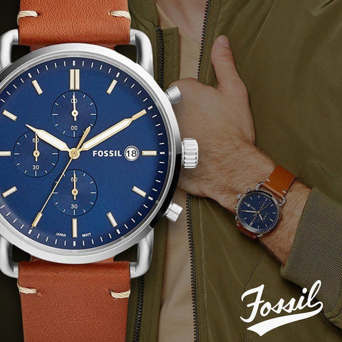Fossil Commuter Men’s Chronograph Watch – Blue Dial, Brown Leather Strap