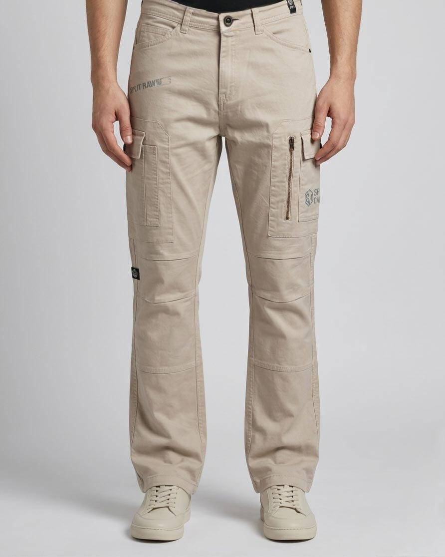 Beige Utility Pocket Cargo Pants for Men Trekyoo