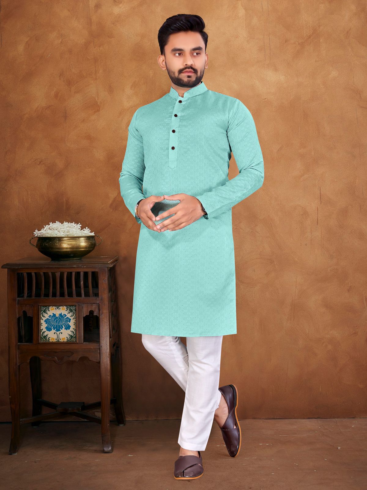 Rajwadi Premium Mint Green Soft Jacquard Silk Kurta Pyjama Set for Men's