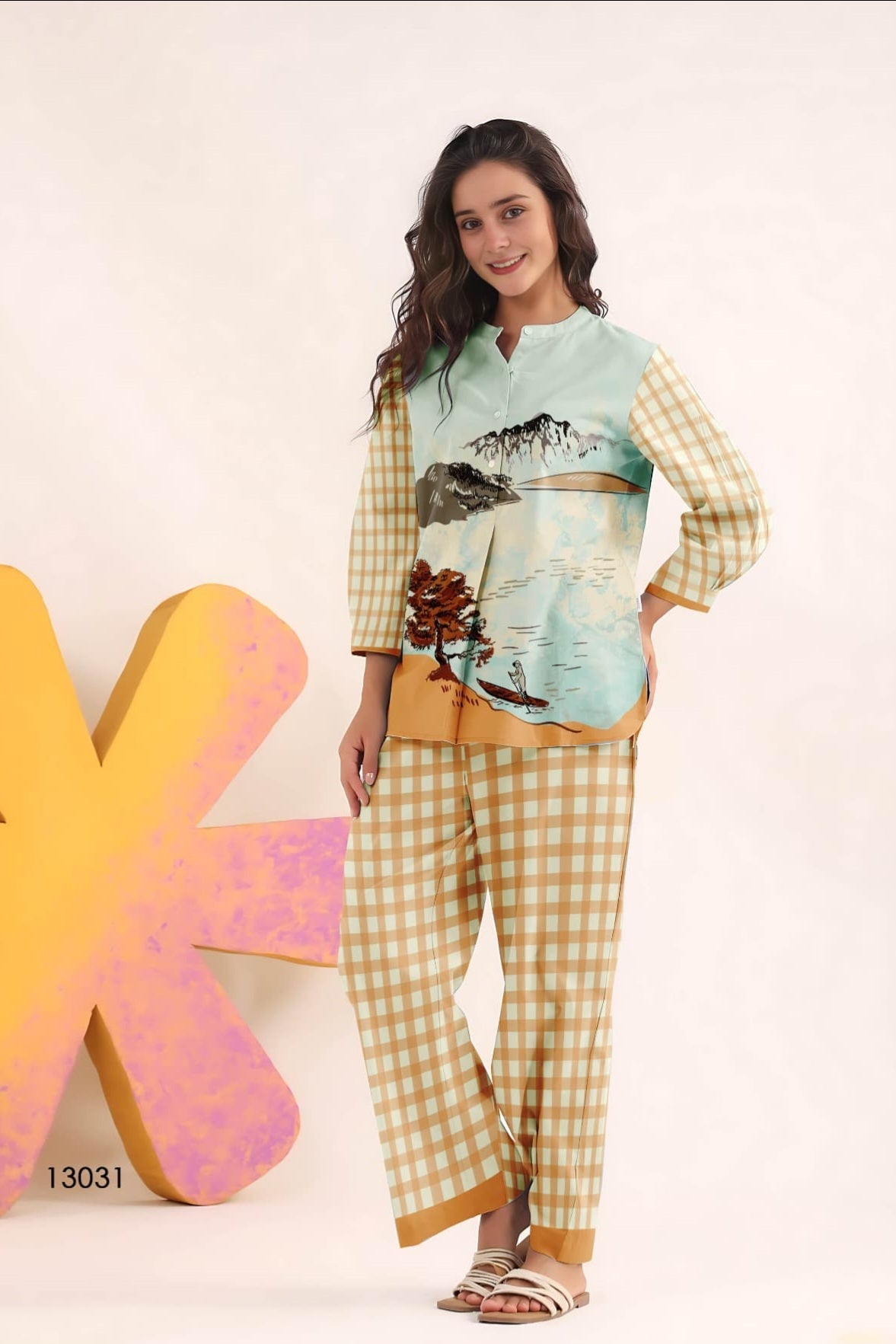 Pastel Blue Scenic & Checkered Co-Ord Set