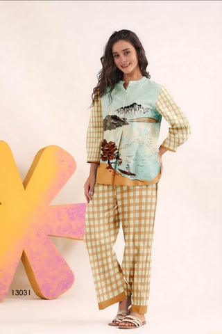 Pastel Blue Scenic & Checkered Co-Ord Set