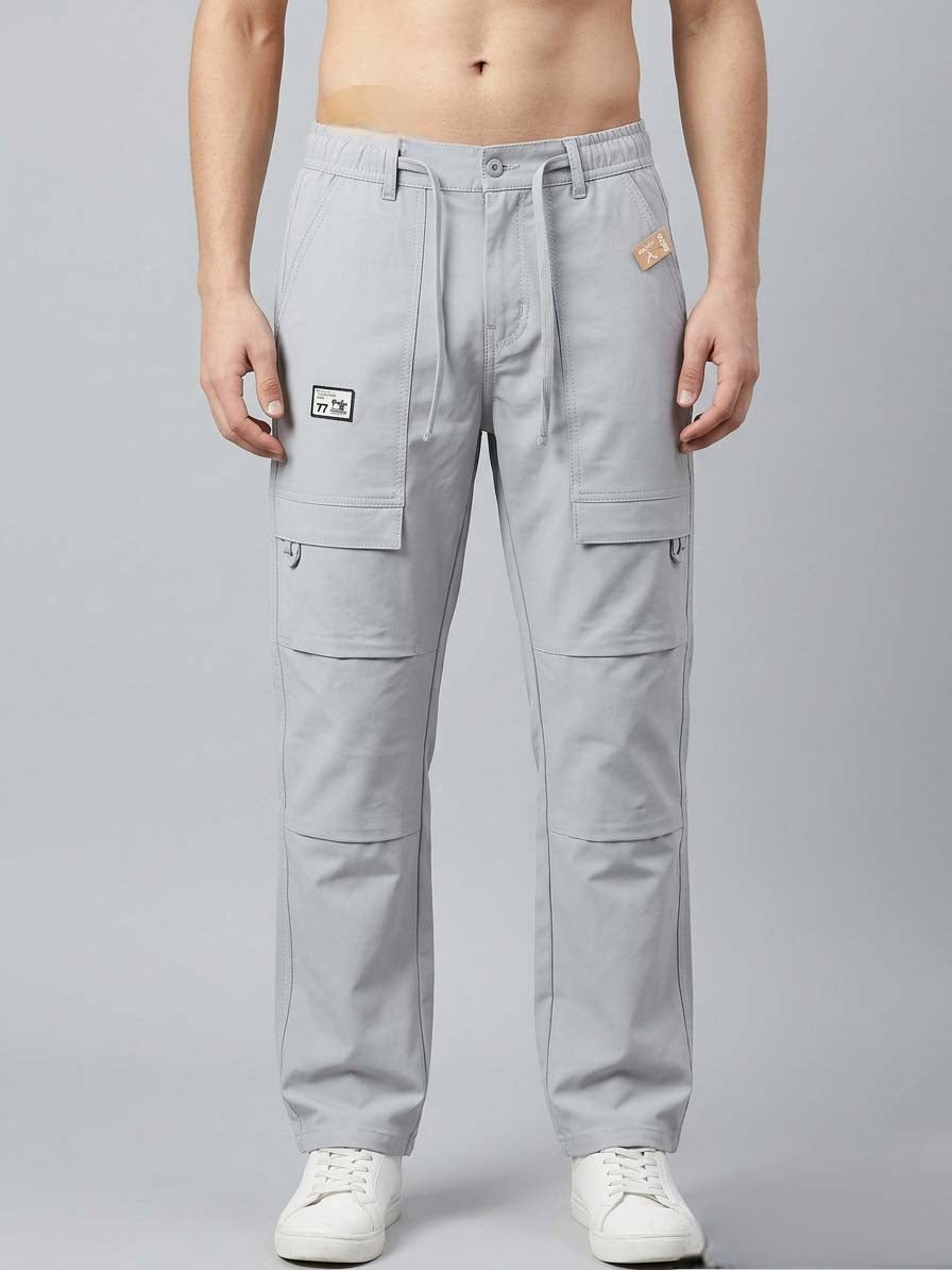 Men’s baggy fit grey cargo jogger pants front view
