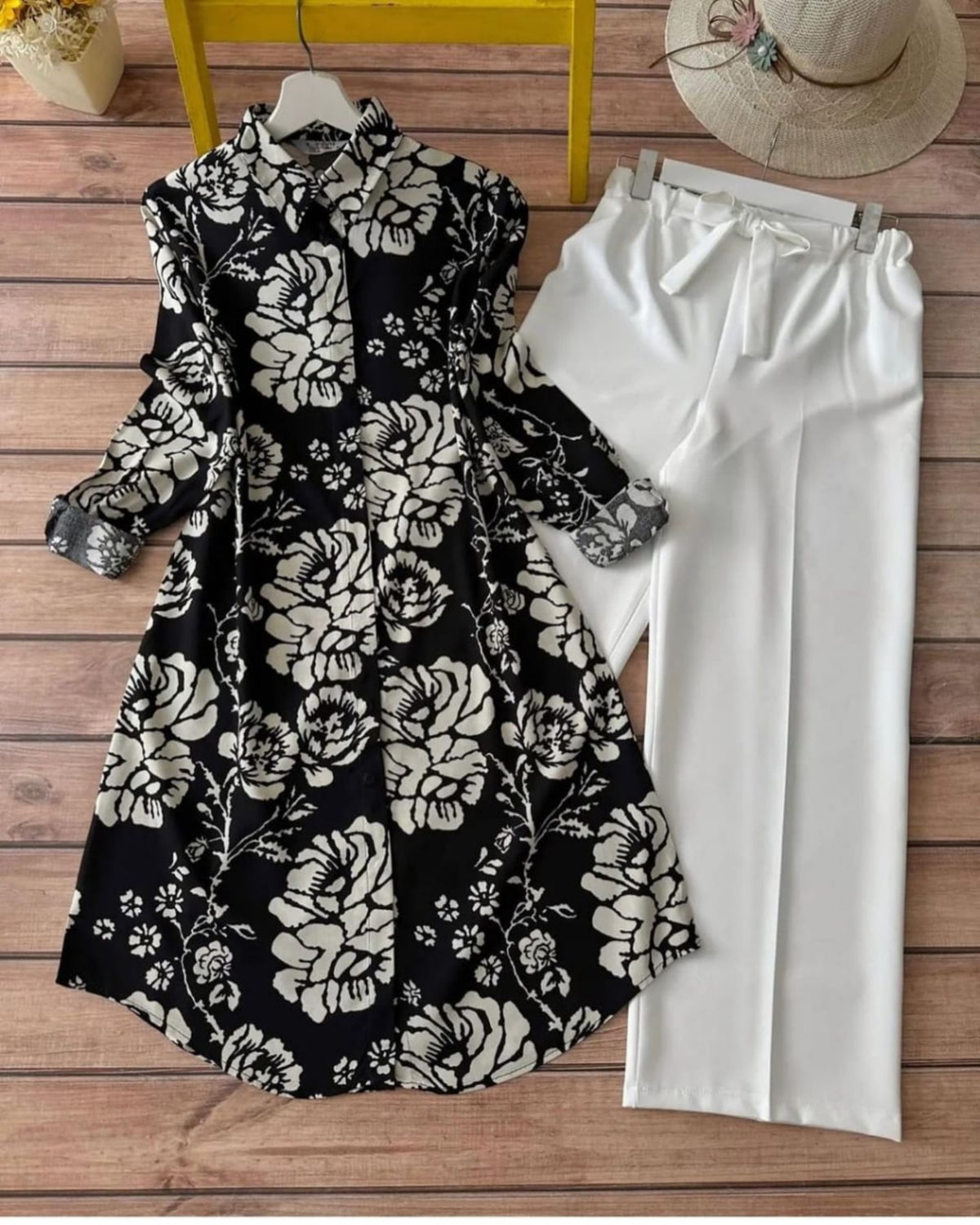 Black & White Floral Rayon Kurti with White Lycra Plazzo