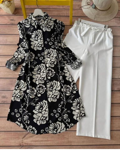 Black & White Floral Rayon Kurti with White Lycra Plazzo