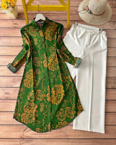 Green & Mustard Floral Print Rayon Kurti with White Lycra Plazzo