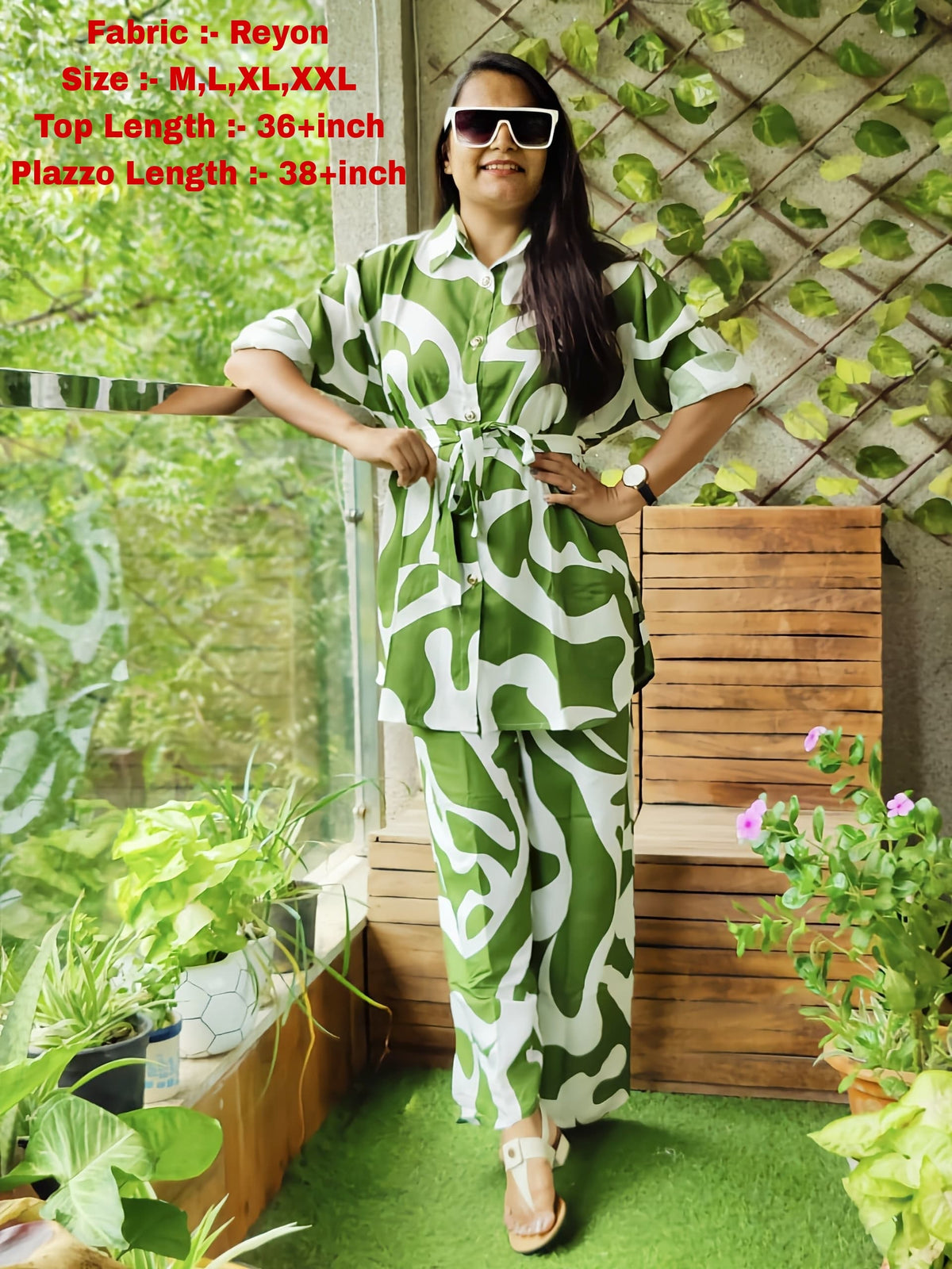 Bold Green Abstract Co-ord Set for Women – Long Shirt Top & Plazzo