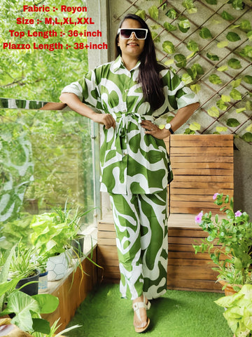 Bold Green Abstract Co-ord Set for Women – Long Shirt Top & Plazzo