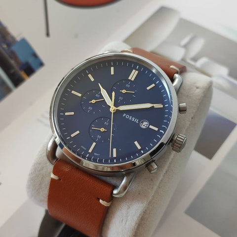 Fossil Commuter Men’s Chronograph Watch – Blue Dial, Brown Leather Strap