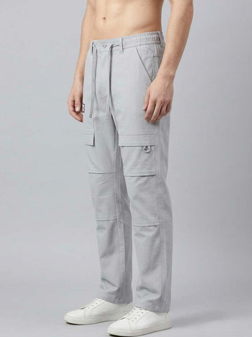 Men’s baggy fit grey cargo jogger pants side view