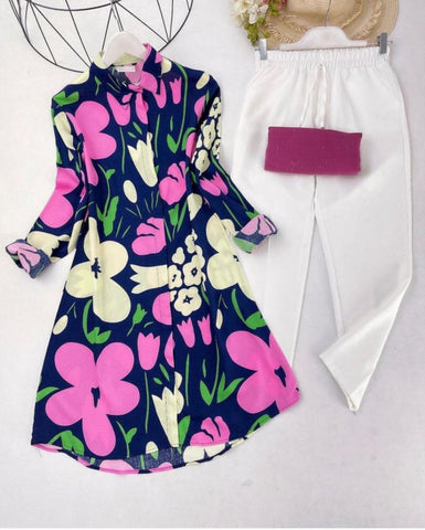 Navy Blue Floral Digital Print Kurti with White Lycra Plazzo