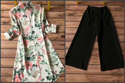 Cream Floral Kurti with Classic Black Palazzo Set