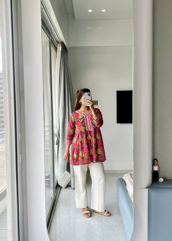 Floral Hand-Block Printed Short Kurti – Pink Bloom Edition