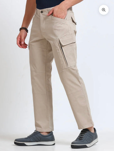 Men’s Beige Cargo Pants – Straight Fit Multi-Pocket Casual Trousers for Daily Wear Trekyoo