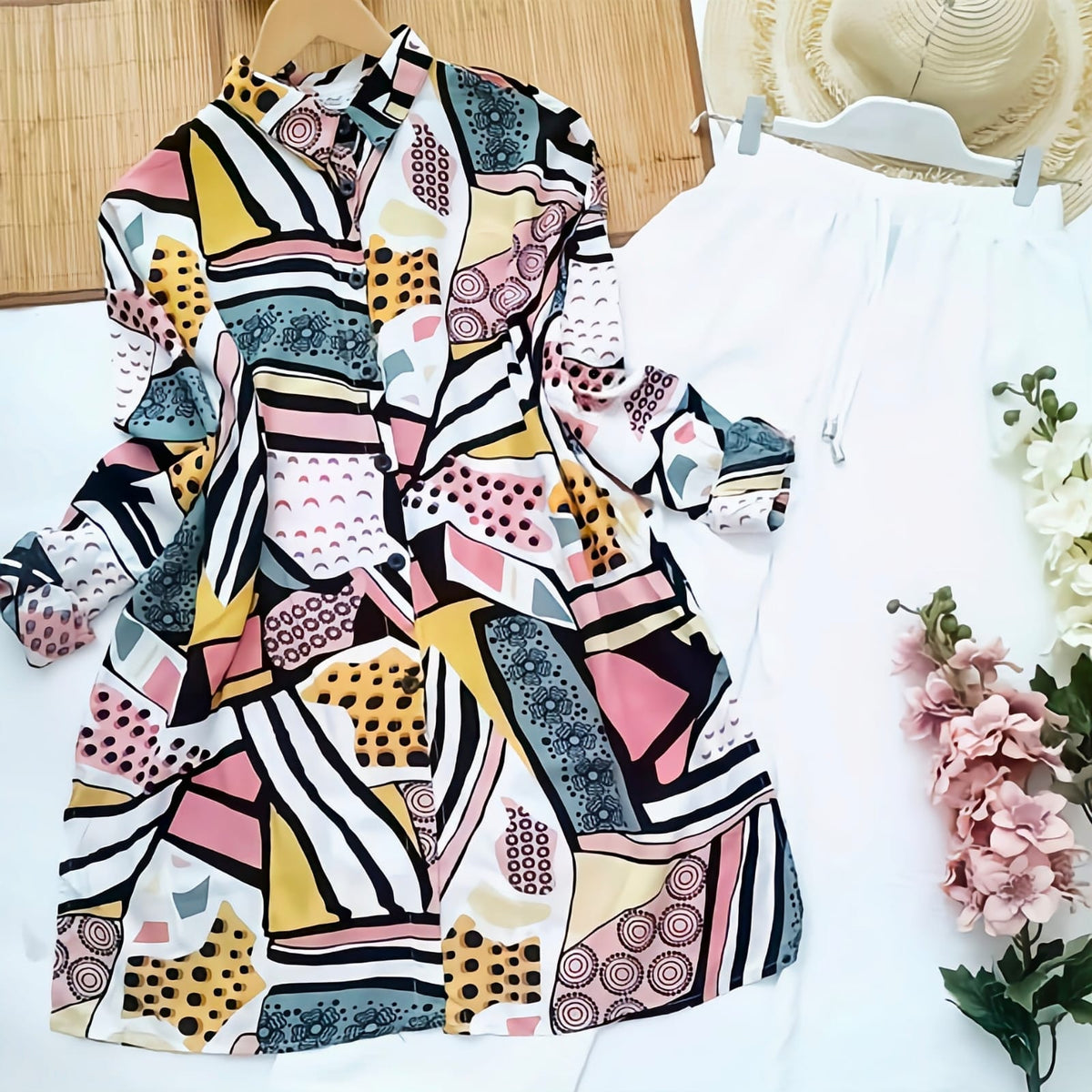 Abstract Art Kurti with White Plazzo – Bold & Beautiful Look