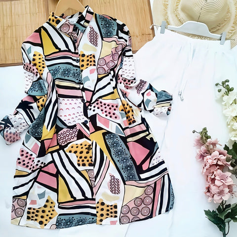 Abstract Art Kurti with White Plazzo – Bold & Beautiful Look