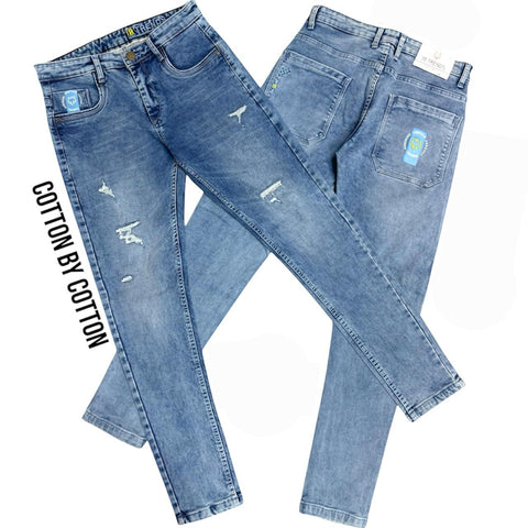 Men's Light Blue Scratch & Distressed Narrow-Fit Cotton Jeans
