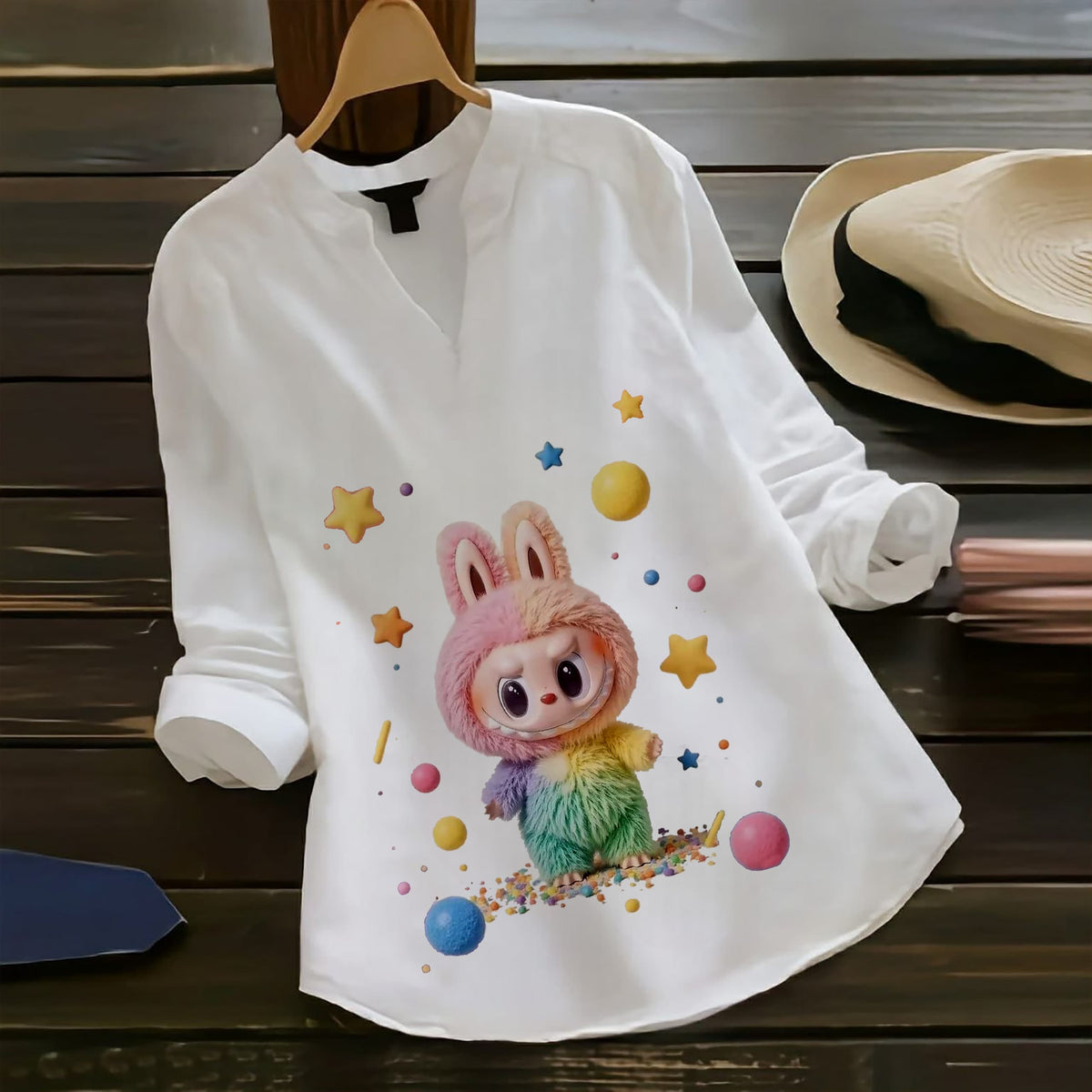 Sprinkle Joy – Rainbow Labubu Rayon Top for Women's
