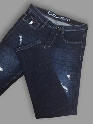 Men's Dark Blue Slim Fit Distressed Stretch Jeans