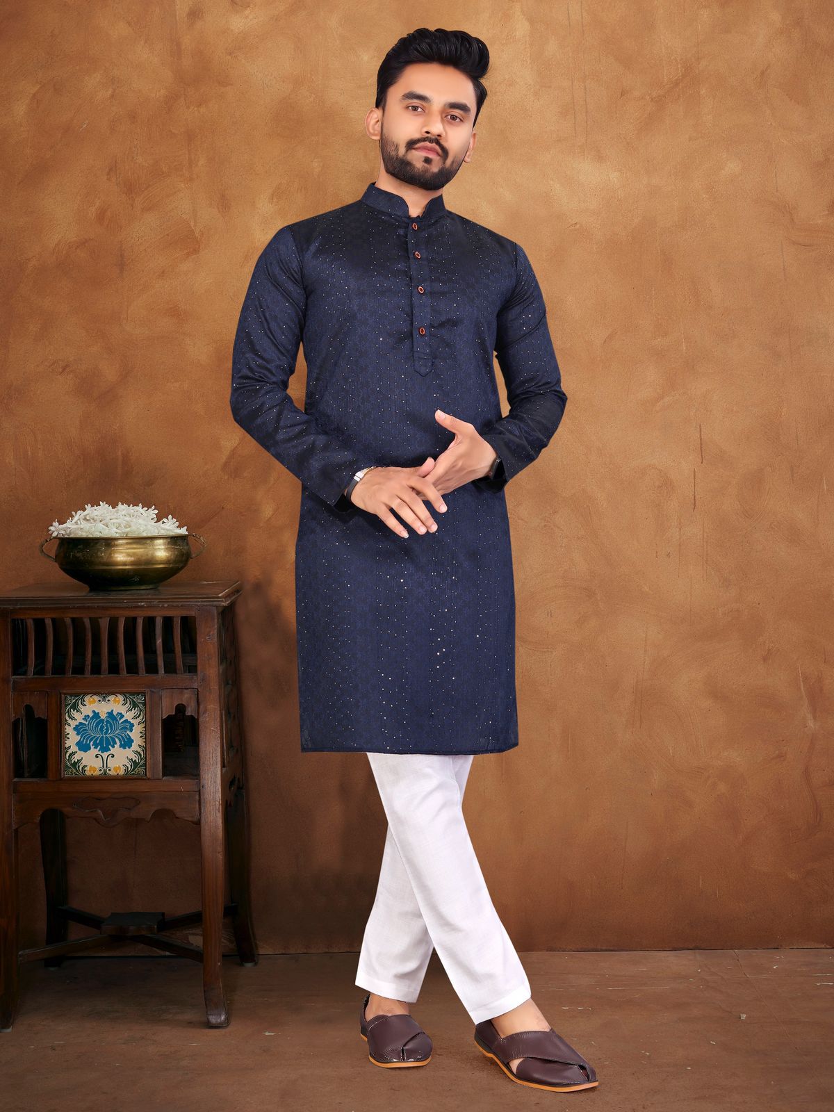 Rajwadi Premium Navy Blue Soft Jacquard Silk Kurta Pyjama Set for Men's