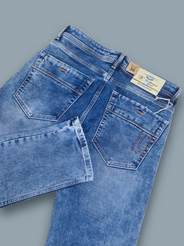 Light Blue Cotton Stretch Super Slim Fit Tapered Length Mid Rise Jeans For Men’s