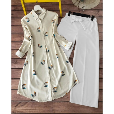Cream Multicolor Leaf Print Rayon Kurti with White Palazzo Set