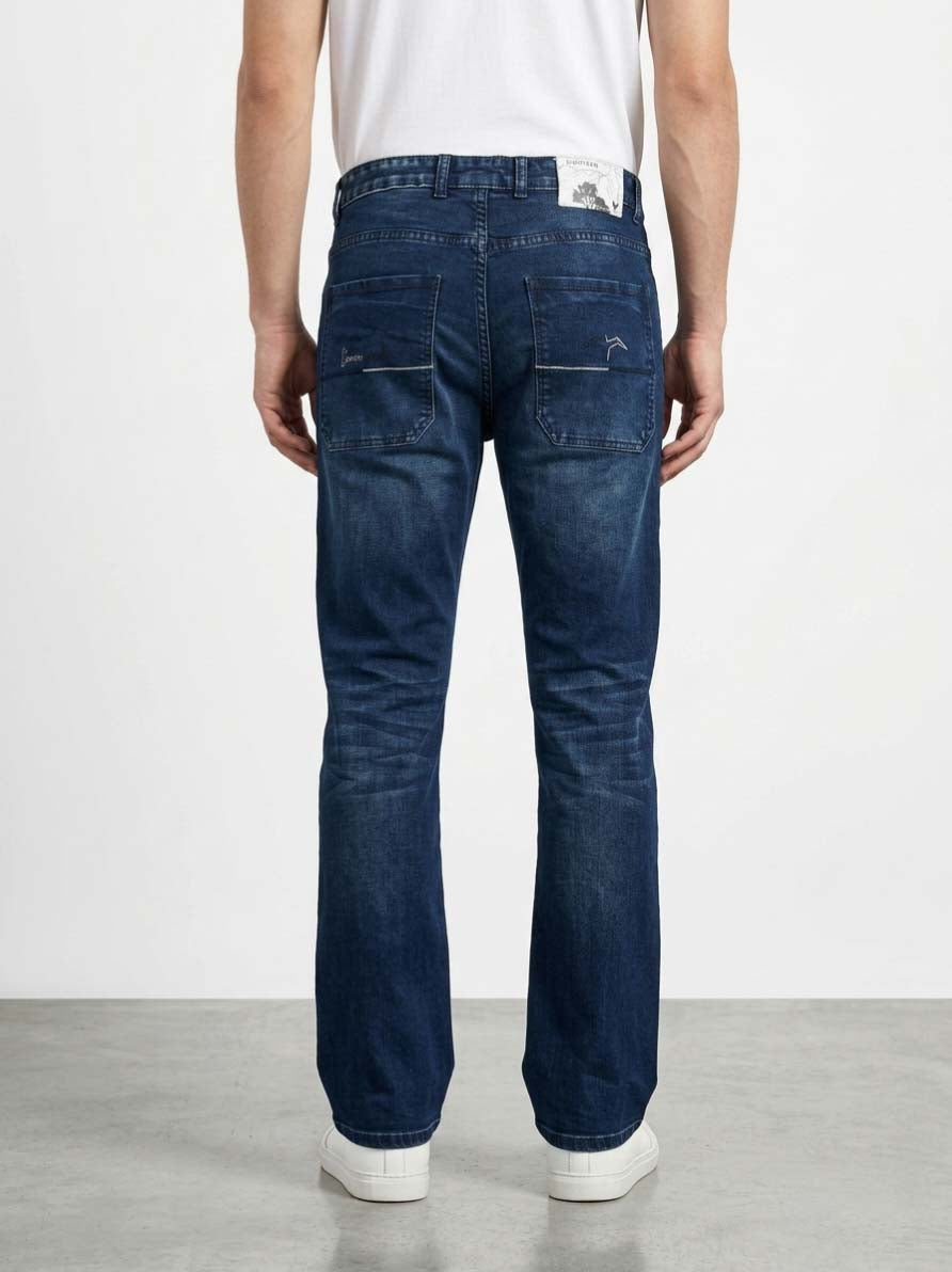 Men’s blue straight fit jeans side view