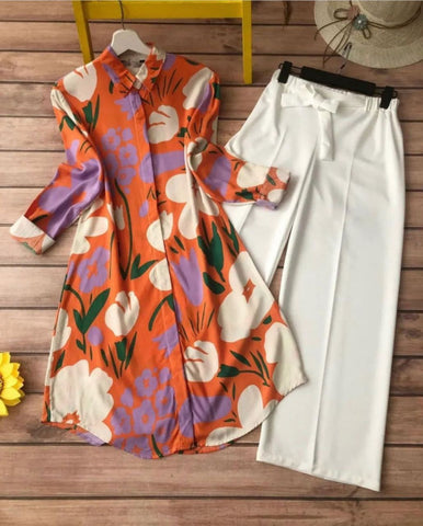 Orange Floral Digital Print Kurti with White Plazzo – Elegant & Eye-Catching Combo