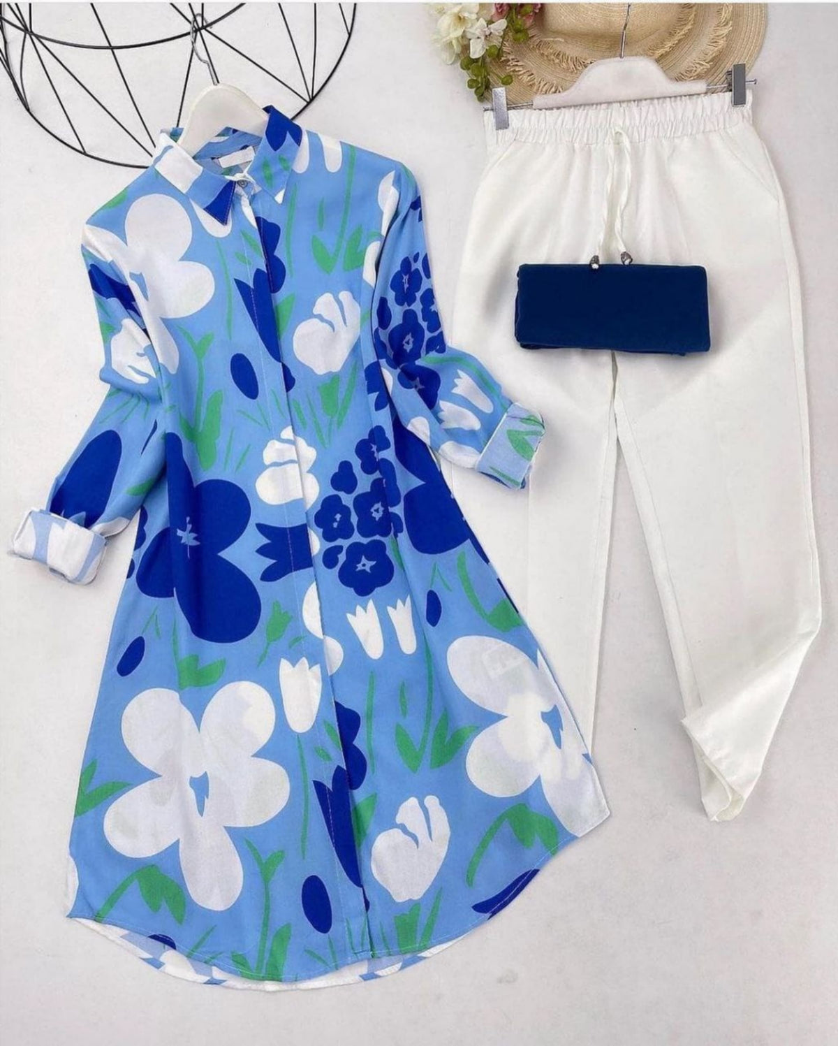 Sky Blue Floral Digital Print Kurti with White Lycra Plazzo