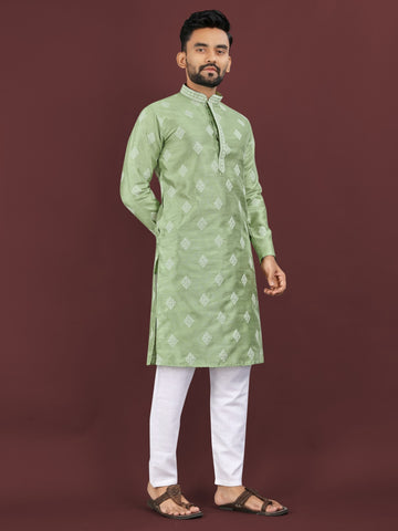 Vardhman Premium Green Sequin Embroidered Mono Silk Kurta Pyjama Set for Men's