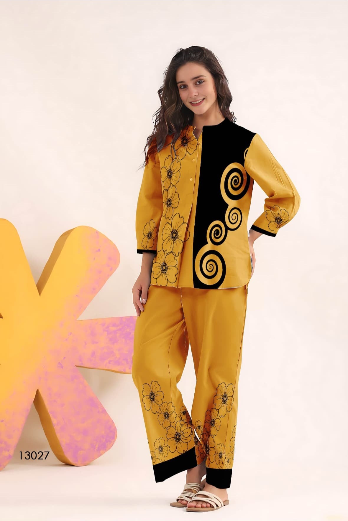 Mustard & Black Artistic Floral Co-Ord Set
