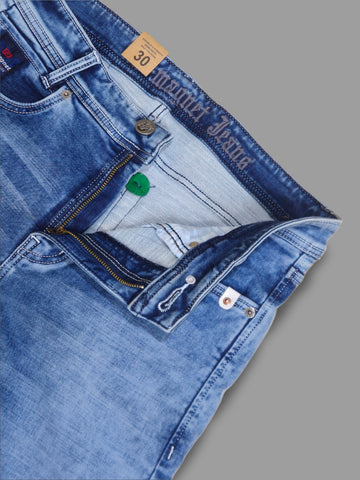 Light Blue Cotton Stretch Super Slim Fit Tapered Length Mid Rise Jeans For Men’s