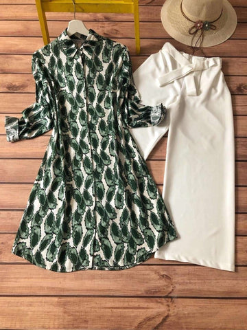 Chic Green Leaf Print Kurti with White Plazzo Set for Women's