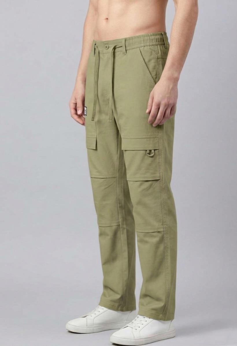 Men’s baggy fit olive cargo jogger pants side view
