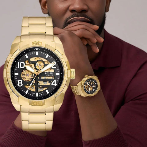 Fossil Automatic Skeleton Watch for Men – Bold Gold Edition