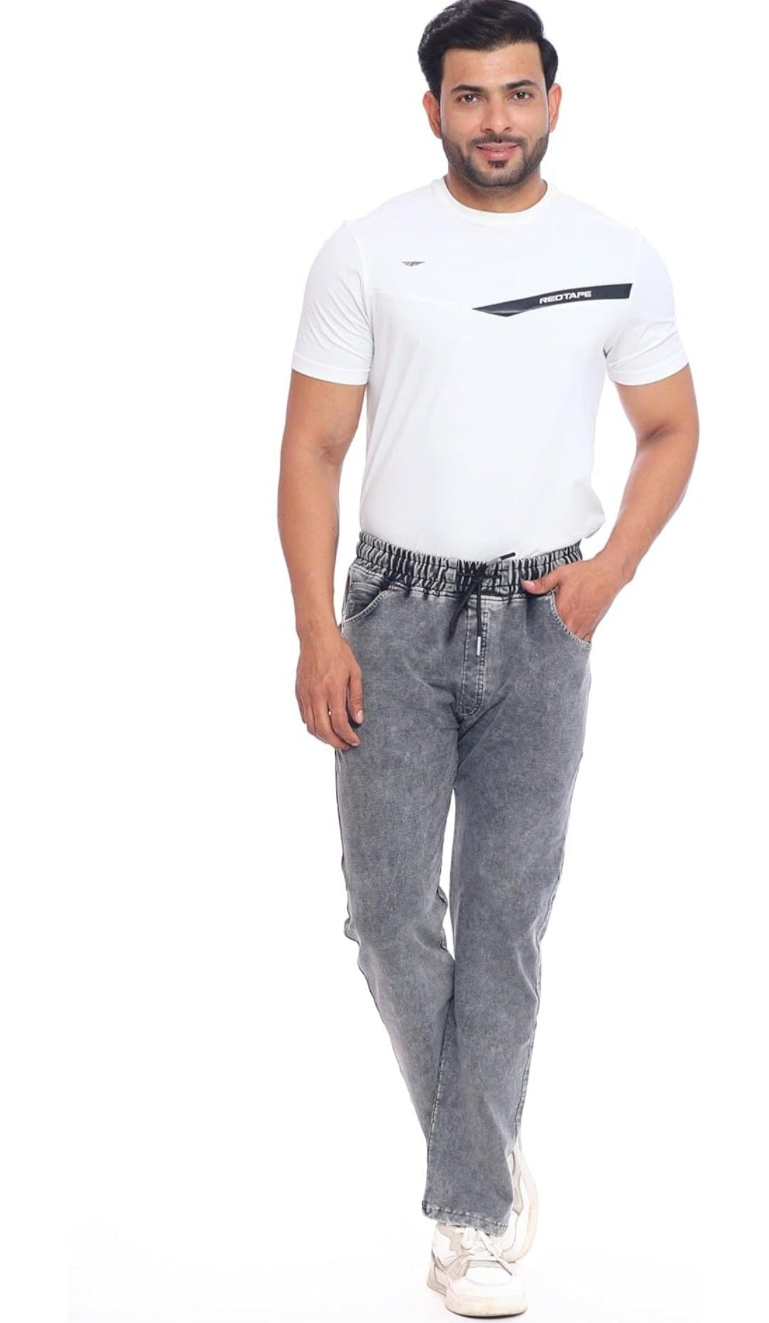 Men’s Charcoal Grey Elastic Waist Denim Joggers Jeans