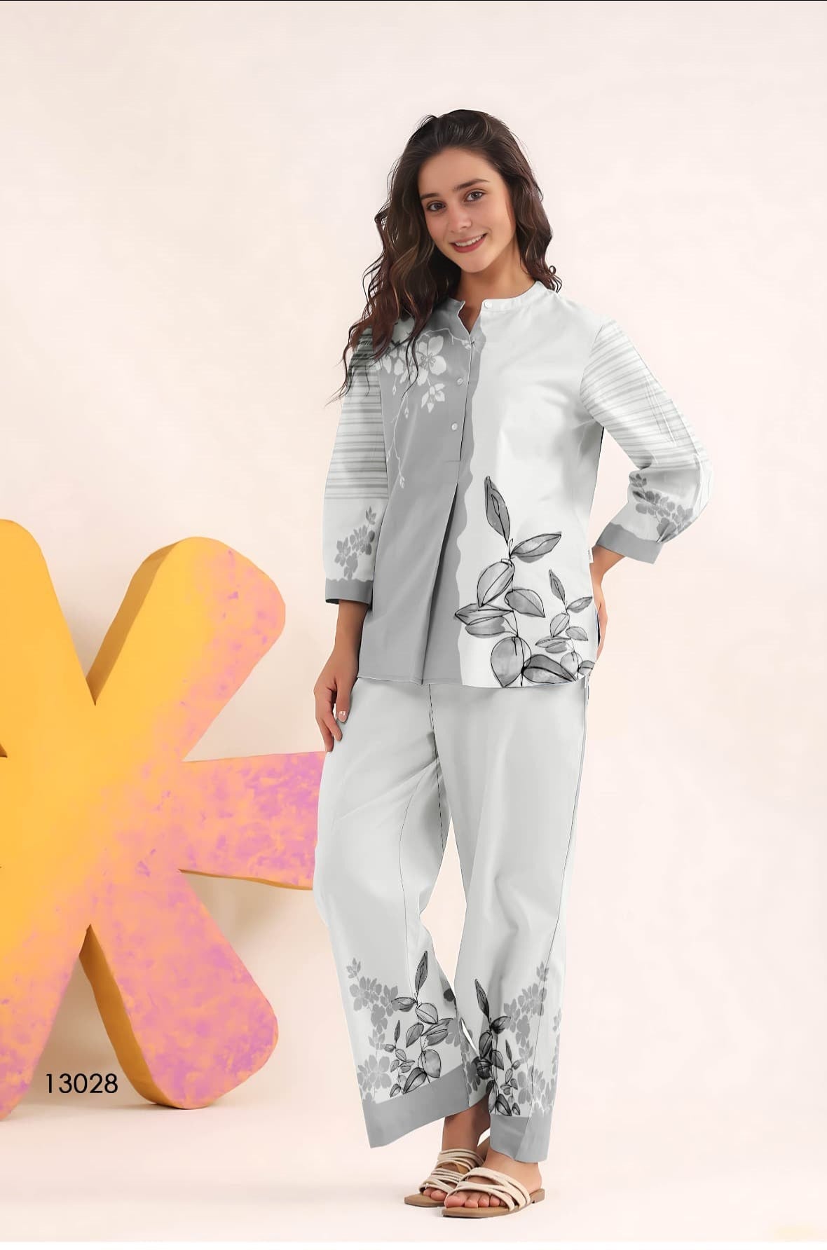 Elegant Monochrome Leaf Print Co-Ord Set