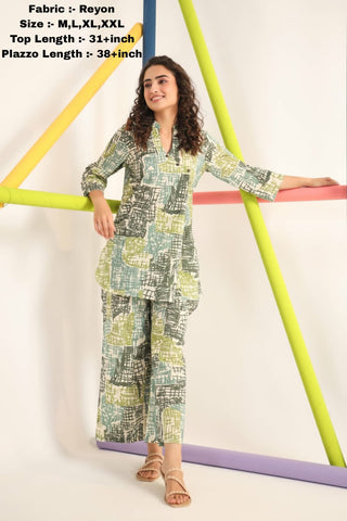 Contemporary Printed Co-ord Set for Women – Mid-Length Shirt Top & Plazzo