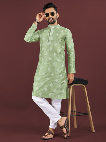 Vardhman Premium Green Sequin Embroidered Mono Silk Kurta Pyjama Set for Men's