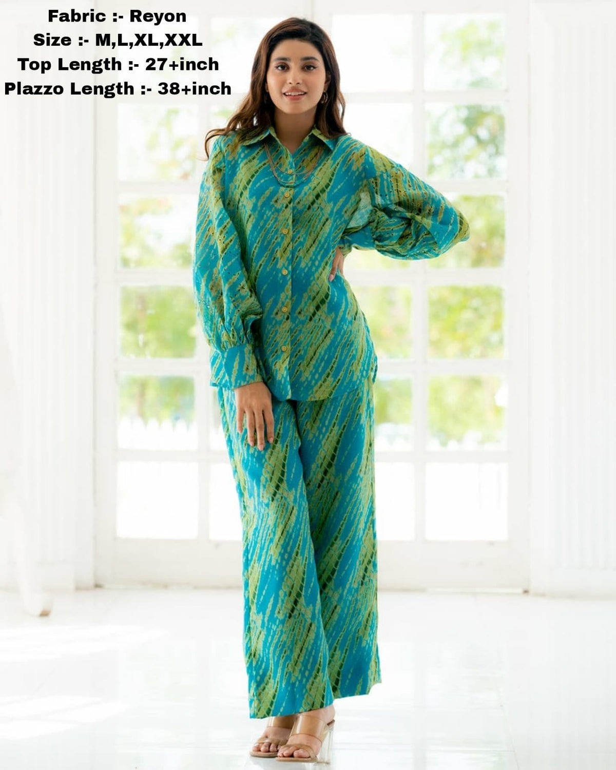 Elegant Blue-Green Printed Rayon Co-Ord Set for Women
