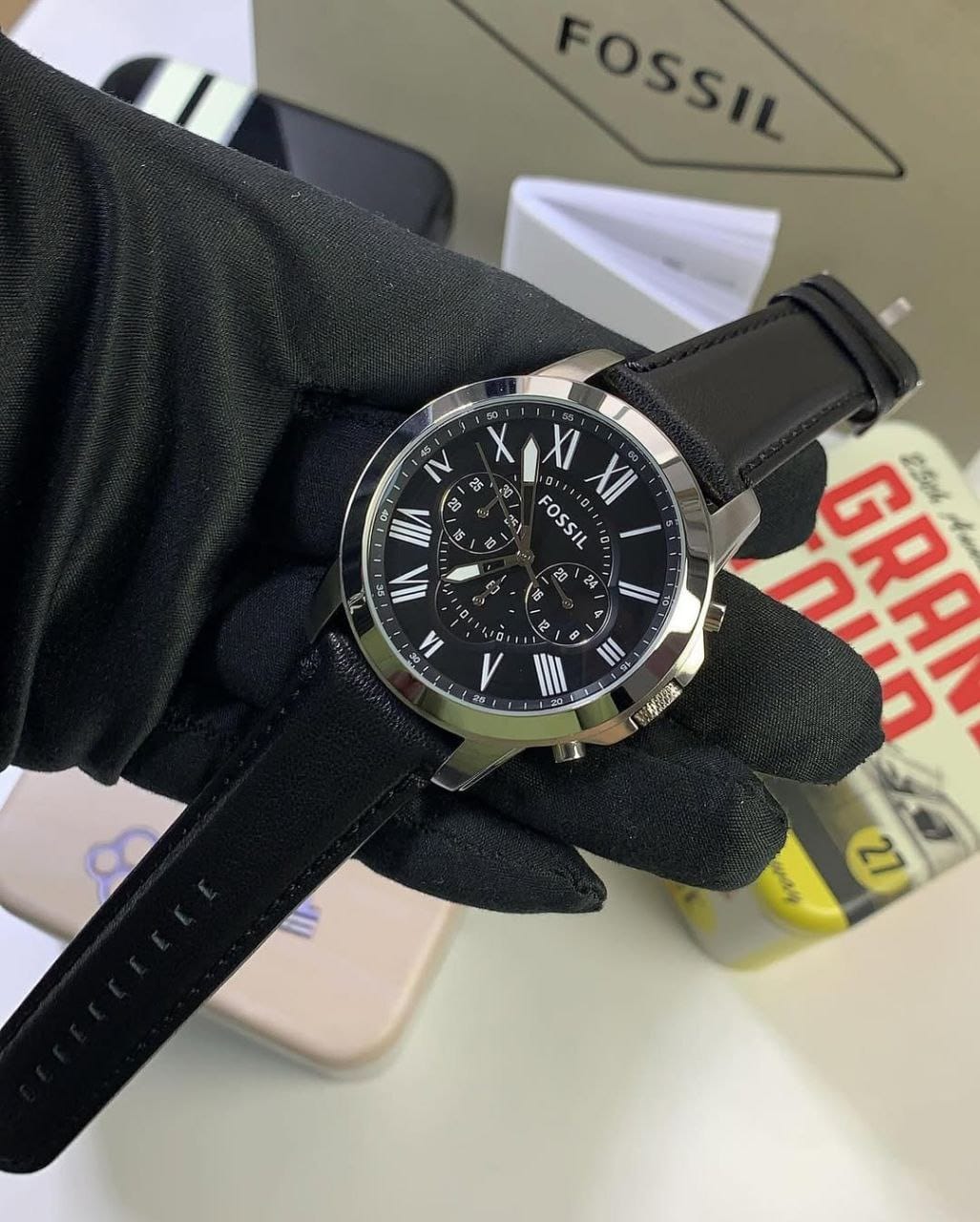Fossil Chronograph Black Dial Men's Leather Watch