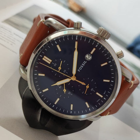Fossil Commuter Men’s Chronograph Watch – Blue Dial, Brown Leather Strap